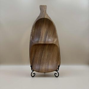 Vintage Hand Carved Monkey Pod Divided Dish 13" Bottle Shape Mid Century Tiki